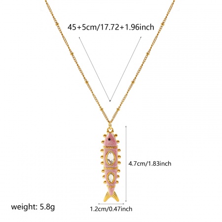 Picture of Wholesale Fish Animal Light Pink Enamel Clear Rhinestone Pendant Charm Necklace, 18K Real Gold Plated 304 Stainless Steel Curb Link Chain, Women's Eco-friendly PVD Waterproof Anti-Tarnish Hypoallergenic Ocean Jewelry Stylish Gift Jewelry For Retailer, 45cm(17.7") + 5cm(2") long, 1 Piece