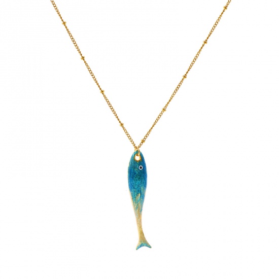 卸売り 魚 緑青 エナメル ペンダントネックレス、 18Kリアルゴールドメッキ 304ステンレス鋼 喜平チェーン、 レディース エコフレンドリー PVD 防水 耐変色性の 低アレルギー性の 海ジュエリー ファッション おしゃれ プレゼント小売宝飾 45cm + 5cm長さ、 1 本 の画像