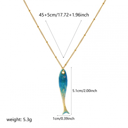 Picture of Wholesale Fish Animal Green Blue Enamel Pendant Charm Necklace, 18K Real Gold Plated 304 Stainless Steel Curb Link Chain, Women's Eco-friendly PVD Waterproof Anti-Tarnish Hypoallergenic Ocean Jewelry Stylish Gift Jewelry For Retailer, 45cm(17.7") + 5cm(2") long, 1 Piece