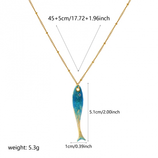 卸売り 魚 緑青 エナメル ペンダントネックレス、 18Kリアルゴールドメッキ 304ステンレス鋼 喜平チェーン、 レディース エコフレンドリー PVD 防水 耐変色性の 低アレルギー性の 海ジュエリー ファッション おしゃれ プレゼント小売宝飾 45cm + 5cm長さ、 1 本 の画像