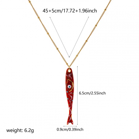 Picture of Wholesale Fish Animal Evil Eye Red Enamel Pendant Charm Necklace, 18K Real Gold Plated 304 Stainless Steel Curb Link Chain, Women's Eco-friendly PVD Waterproof Anti-Tarnish Hypoallergenic Ocean Jewelry Stylish Gift Jewelry For Retailer, 45cm(17.7") + 5cm(2") long, 1 Piece