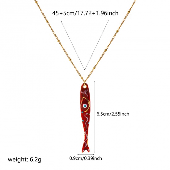 卸売り 魚 邪眼 赤 エナメル ペンダントネックレス、 18Kリアルゴールドメッキ 304ステンレス鋼 喜平チェーン、 レディース エコフレンドリー PVD 防水 耐変色性の 低アレルギー性の 海ジュエリー ファッション おしゃれ プレゼント小売宝飾 45cm + 5cm長さ、 1 本 の画像