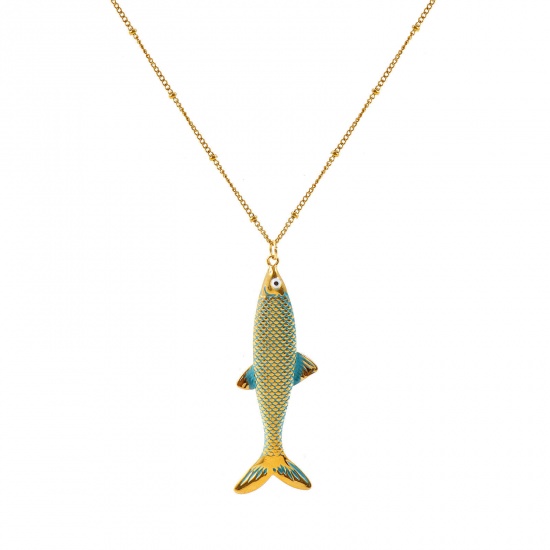 卸売り 魚 青 エナメル ペンダントネックレス、 18Kリアルゴールドメッキ 304ステンレス鋼 喜平チェーン、 レディース エコフレンドリー PVD 防水 耐変色性の 低アレルギー性の 海ジュエリー ファッション おしゃれ プレゼント小売宝飾 45cm + 5cm長さ、 1 本 の画像