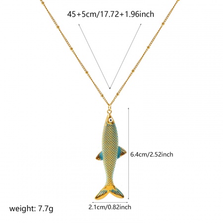 Picture of Wholesale Fish Animal Blue Enamel Pendant Charm Necklace, 18K Real Gold Plated 304 Stainless Steel Curb Link Chain, Women's Eco-friendly PVD Waterproof Anti-Tarnish Hypoallergenic Ocean Jewelry Stylish Gift Jewelry For Retailer, 45cm(17.7") + 5cm(2") long, 1 Piece