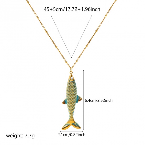 卸売り 魚 青 エナメル ペンダントネックレス、 18Kリアルゴールドメッキ 304ステンレス鋼 喜平チェーン、 レディース エコフレンドリー PVD 防水 耐変色性の 低アレルギー性の 海ジュエリー ファッション おしゃれ プレゼント小売宝飾 45cm + 5cm長さ、 1 本 の画像