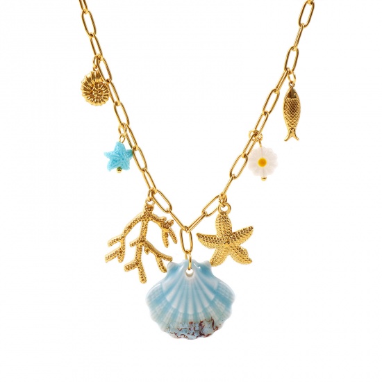 Picture of Wholesale Shell Blue Pendant Charm Necklace, 18K Gold Plated 304 Stainless Steel Unisex PVD Ocean Jewelry Bohemia Boho Gift Jewelry For Retailer, 50cm(19.7") long, 1 Piece