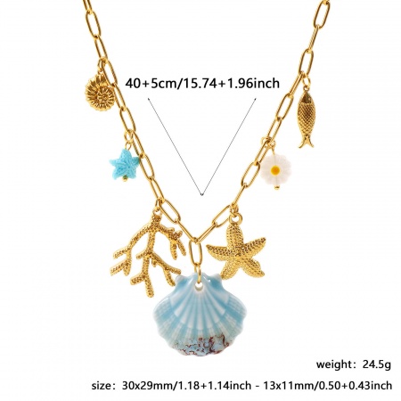 卸売り シェル 青 ペンダントネックレス、 18Kゴールドメッキ 304ステンレス鋼 ユニセックス PVD 海ジュエリー ボヘミア プレゼント小売宝飾 50cm長さ、 1 本 の画像