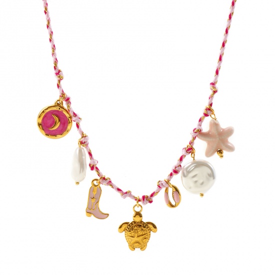 Picture of Wholesale Tortoise Animal Moon Pink Pendant Charm Necklace, 18K Gold Plated 304 Stainless Steel Unisex PVD Ocean Jewelry Bohemia Boho Gift Jewelry For Retailer, 50cm(19.7") long, 1 Piece