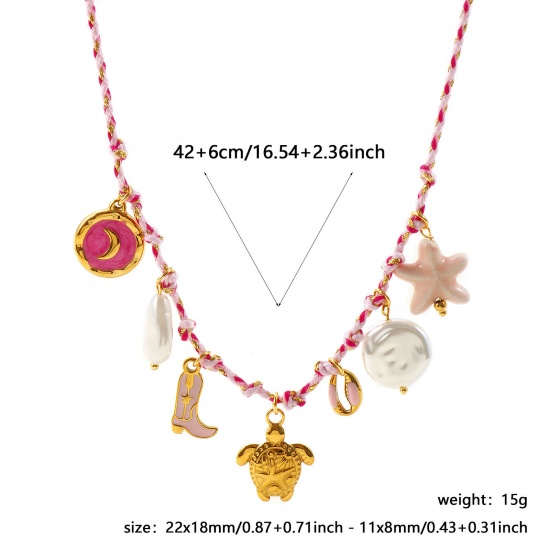 Picture of Wholesale Tortoise Animal Moon Pink Pendant Charm Necklace, 18K Gold Plated 304 Stainless Steel Unisex PVD Ocean Jewelry Bohemia Boho Gift Jewelry For Retailer, 50cm(19.7") long, 1 Piece