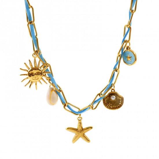 Picture of Wholesale Starfish Sun Blue Pendant Charm Necklace, 18K Gold Plated 304 Stainless Steel Unisex PVD Ocean Jewelry Bohemia Boho Gift Jewelry For Retailer, 50cm(19.7") long, 1 Piece