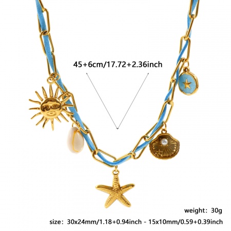 卸売り ヒトデ 太陽 青 ペンダントネックレス、 18Kゴールドメッキ 304ステンレス鋼 ユニセックス PVD 海ジュエリー ボヘミア プレゼント小売宝飾 50cm長さ、 1 本 の画像