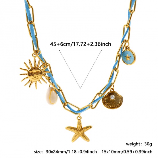 Picture of Wholesale Starfish Sun Blue Pendant Charm Necklace, 18K Gold Plated 304 Stainless Steel Unisex PVD Ocean Jewelry Bohemia Boho Gift Jewelry For Retailer, 50cm(19.7") long, 1 Piece