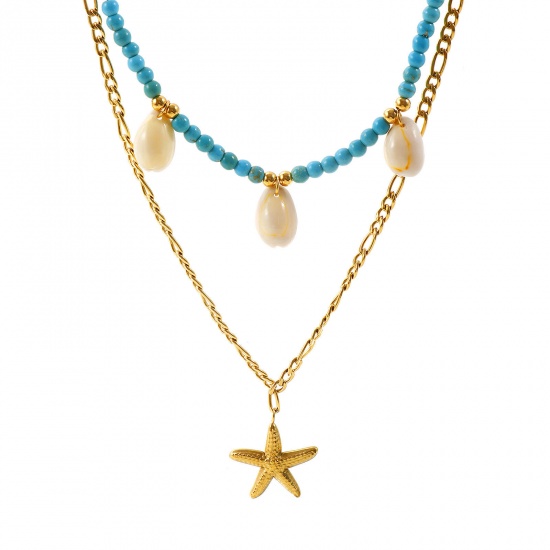 Picture of Wholesale Starfish Blue Multilayer Pendant Charm Necklace, 18K Gold Plated 304 Stainless Steel Unisex PVD Ocean Jewelry Bohemia Boho Gift Jewelry For Retailer, 50cm(19.7") long, 1 Piece