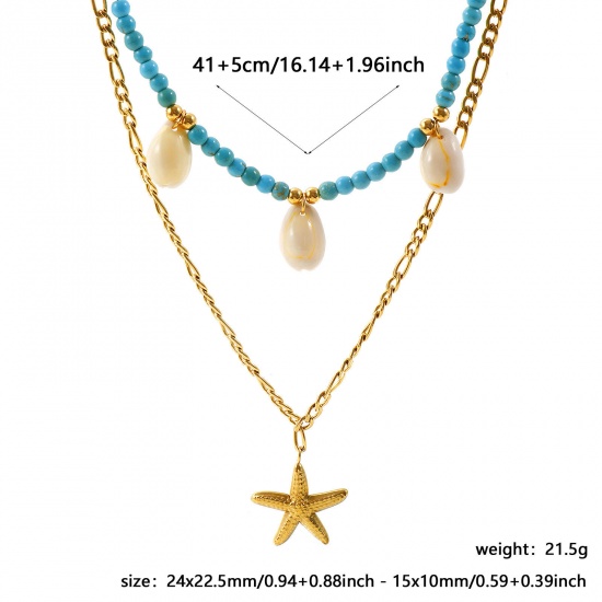 Picture of Wholesale Starfish Blue Multilayer Pendant Charm Necklace, 18K Gold Plated 304 Stainless Steel Unisex PVD Ocean Jewelry Bohemia Boho Gift Jewelry For Retailer, 50cm(19.7") long, 1 Piece