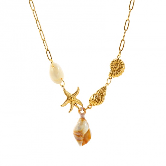 Picture of Wholesale Conch/ Sea Snail White Pendant Charm Necklace, 18K Gold Plated 304 Stainless Steel Unisex PVD Ocean Jewelry Bohemia Boho Gift Jewelry For Retailer, 50cm(19.7") long, 1 Piece