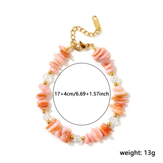 Picture of Wholesale Chip Beads Pink Synthetic Stone 304 Stainless Steel Bracelets, 18K Gold Plated Eco-friendly PVD, Women's Pastoral Style Bohemia Boho Gift Jewelry Supply, 17cm(6.7") + 4cm(1.6") long, 1 Piece