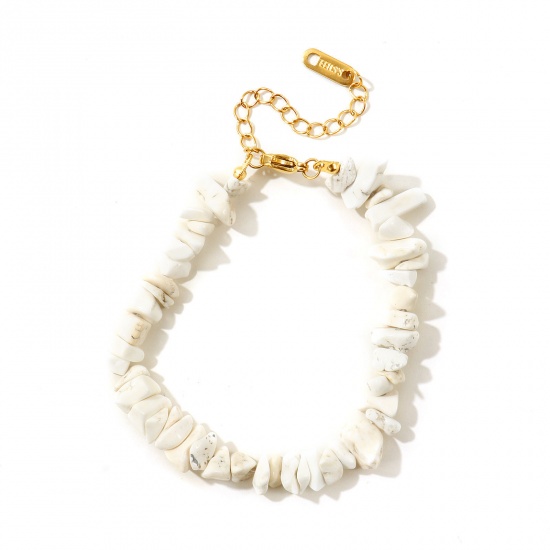 Picture of Wholesale Chip Beads White Synthetic Stone 304 Stainless Steel Bracelets, 18K Gold Plated Eco-friendly PVD, Women's Pastoral Style Bohemia Boho Gift Jewelry Supply, 17cm(6.7") + 5.5cm(2.2") long, 1 Piece
