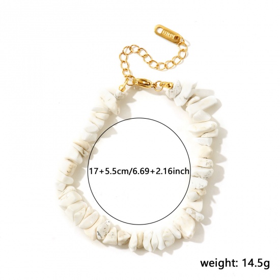 Picture of Wholesale Chip Beads White Synthetic Stone 304 Stainless Steel Bracelets, 18K Gold Plated Eco-friendly PVD, Women's Pastoral Style Bohemia Boho Gift Jewelry Supply, 17cm(6.7") + 5.5cm(2.2") long, 1 Piece