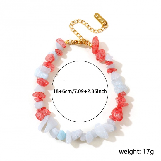 Picture of Wholesale Chip Beads Multicolor Synthetic Stone 304 Stainless Steel Bracelets, 18K Gold Plated Eco-friendly PVD, Women's Pastoral Style Bohemia Boho Gift Jewelry Supply, 18cm(7.1") + 6cm(2.4") long, 1 Piece