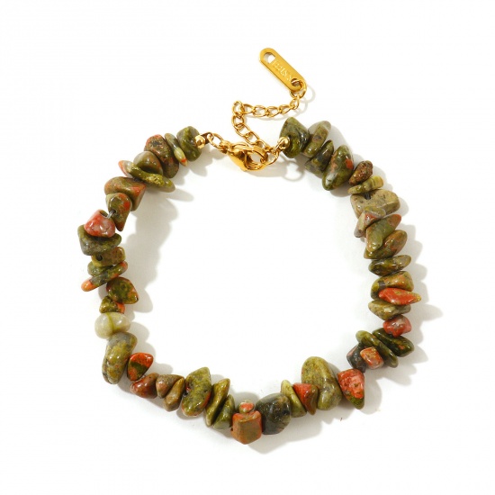 Picture of Wholesale Chip Beads Green Synthetic Stone 304 Stainless Steel Bracelets, 18K Gold Plated Eco-friendly PVD, Women's Pastoral Style Bohemia Boho Gift Jewelry Supply, 18cm(7.1") + 4cm(1.6") long, 1 Piece