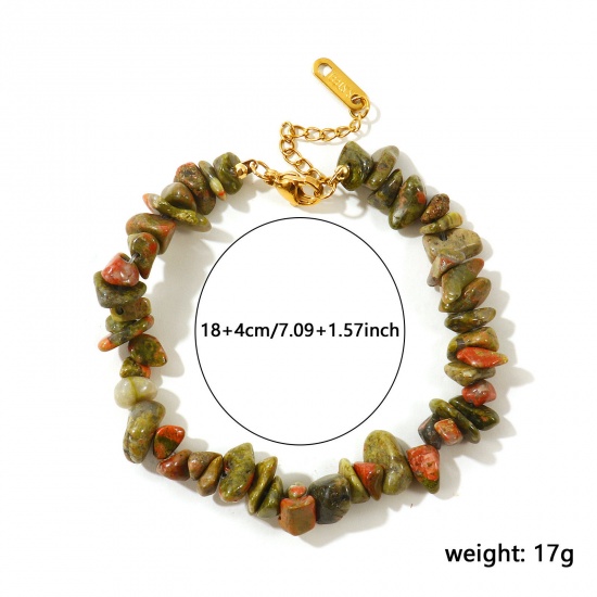 Picture of Wholesale Chip Beads Green Synthetic Stone 304 Stainless Steel Bracelets, 18K Gold Plated Eco-friendly PVD, Women's Pastoral Style Bohemia Boho Gift Jewelry Supply, 18cm(7.1") + 4cm(1.6") long, 1 Piece