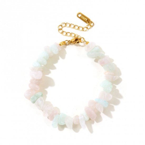 Picture of Wholesale Chip Beads Multicolor Synthetic Stone 304 Stainless Steel Bracelets, 18K Gold Plated Eco-friendly PVD, Women's Pastoral Style Bohemia Boho Gift Jewelry Supply, 16cm(6.3") + 6cm(2.4") long, 1 Piece