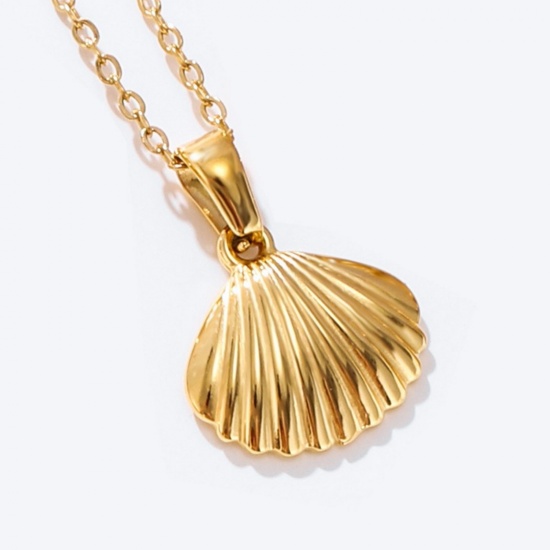 Picture of Wholesale Shell Pendant Charm Necklace, 18K Gold Plated 304 Stainless Steel Link Cable Chain, Women's Eco-friendly PVD Ocean Jewelry Stylish Gift Jewelry For Retailer, 40cm(15.7") + 5cm(2") long, 1 Piece