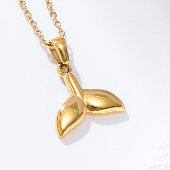 Picture of Wholesale Fishtail Pendant Charm Necklace, 18K Gold Plated 304 Stainless Steel Link Cable Chain, Women's Eco-friendly PVD Ocean Jewelry Stylish Gift Jewelry For Retailer, 40cm(15.7") + 5cm(2") long, 1 Piece