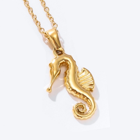 Picture of Wholesale Seahorse Animal Pendant Charm Necklace, 18K Gold Plated 304 Stainless Steel Link Cable Chain, Women's Eco-friendly PVD Ocean Jewelry Stylish Gift Jewelry For Retailer, 40cm(15.7") + 5cm(2") long, 1 Piece