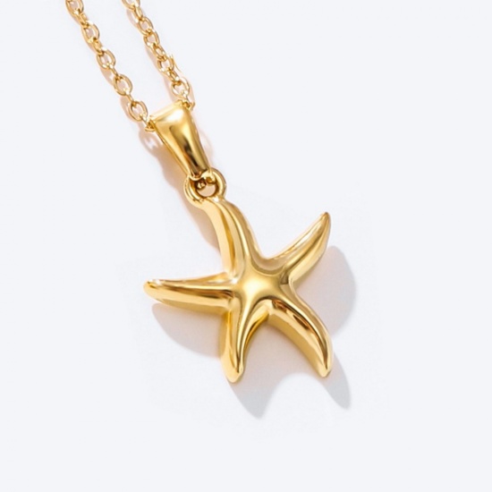 Picture of Wholesale Starfish Pendant Charm Necklace, 18K Gold Plated 304 Stainless Steel Link Cable Chain, Women's Eco-friendly PVD Ocean Jewelry Stylish Gift Jewelry For Retailer, 40cm(15.7") + 5cm(2") long, 1 Piece
