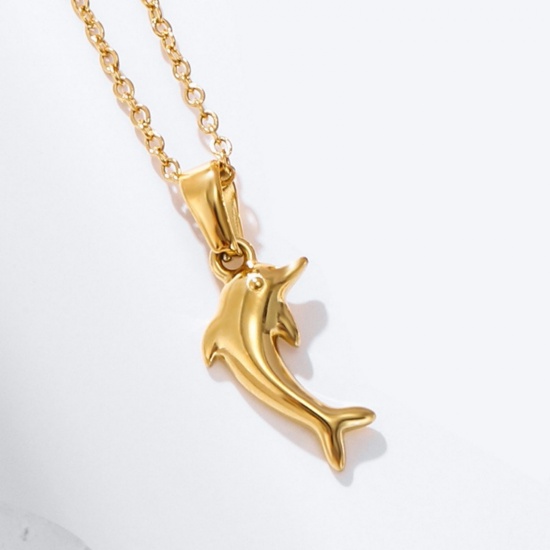 Picture of Wholesale Dolphin Animal Pendant Charm Necklace, 18K Gold Plated 304 Stainless Steel Link Cable Chain, Women's Eco-friendly PVD Ocean Jewelry Stylish Gift Jewelry For Retailer, 40cm(15.7") + 5cm(2") long, 1 Piece