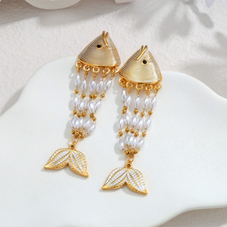 Picture of Wholesale Ocean Jewelry Stylish Earrings, Fish Animal White Enamel 18K Gold Plated 304 Stainless Steel, Women's Eco-friendly PVD Gift Jewelry Supply, 7.8cm x 2.3cm, 1 Pair