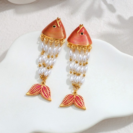Picture of Wholesale Ocean Jewelry Stylish Earrings, Fish Animal Red Enamel 18K Gold Plated 304 Stainless Steel, Women's Eco-friendly PVD Gift Jewelry Supply, 7.8cm x 2.3cm, 1 Pair