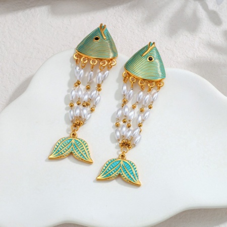 Picture of Wholesale Ocean Jewelry Stylish Earrings, Fish Animal Blue Enamel 18K Gold Plated 304 Stainless Steel, Women's Eco-friendly PVD Gift Jewelry Supply, 7.8cm x 2.3cm, 1 Pair