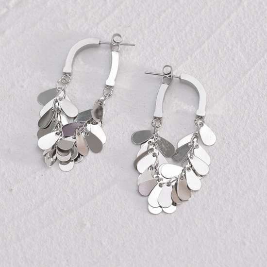 Imagen de Bohemia Elegante Pendientes Al Por Mayor, Tono de Plata 304 Acero Inoxidable, Mujeres Respetuoso del Medio Ambiente Regalo Suministro de Joyería, 5.2cm, 1 Par