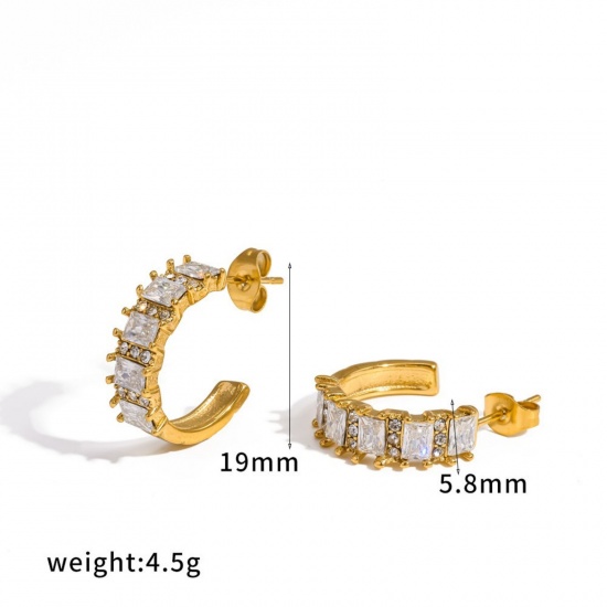 Immagine di Squisito Elegante Orecchini a Perno All'Ingrosso, Forma di C Trasparente Strass Placcato Oro 18K 304 Acciaio Inossidabile, Donne PVD Ecologica Regalo Fornitura di Gioielli, 19.5mm x 5.8mm, 1 Paio