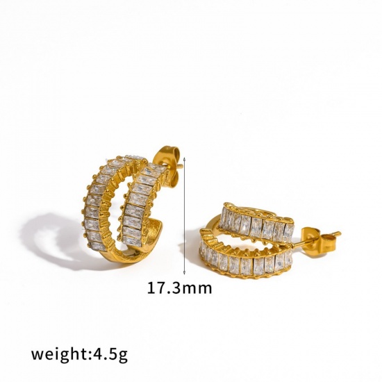 Immagine di Squisito Elegante Orecchini a Perno All'Ingrosso, Forma di C Trasparente Strass Placcato Oro 18K 304 Acciaio Inossidabile, Donne PVD Ecologica Regalo Fornitura di Gioielli, 17mm Dia., 1 Paio