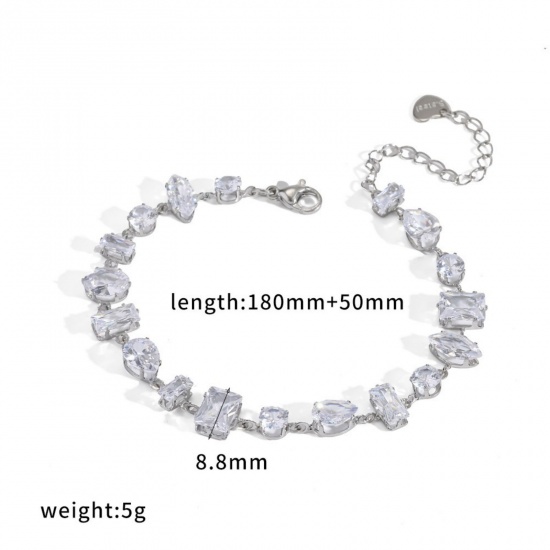 Picture of Wholesale Geometric Clear Rhinestone 304 Stainless Steel Bracelets, Silver Tone Eco-friendly, Women's Exquisite Stylish Gift Jewelry Supply, 18cm(7.1") + 5cm(2") long, 1 Pair