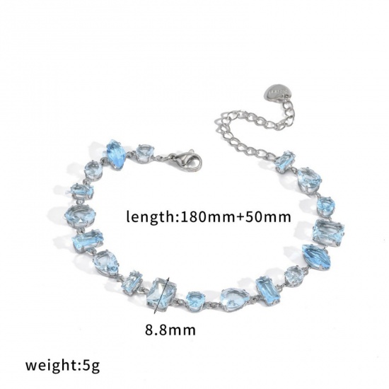 Picture of Wholesale Geometric Blue Rhinestone 304 Stainless Steel Bracelets, Silver Tone Eco-friendly, Women's Exquisite Stylish Gift Jewelry Supply, 18cm(7.1") + 5cm(2") long, 1 Pair