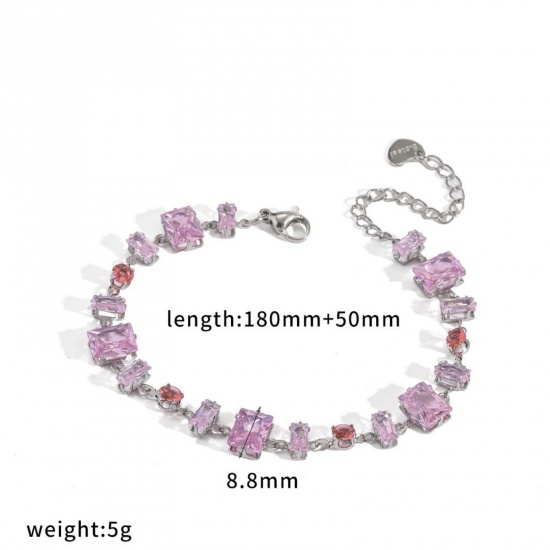 Picture of Wholesale Geometric Pink Rhinestone 304 Stainless Steel Bracelets, Silver Tone Eco-friendly, Women's Exquisite Stylish Gift Jewelry Supply, 18cm(7.1") + 5cm(2") long, 1 Pair