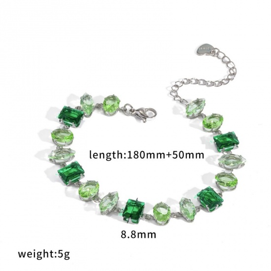 Picture of Wholesale Geometric Green Rhinestone 304 Stainless Steel Bracelets, Silver Tone Eco-friendly, Women's Exquisite Stylish Gift Jewelry Supply, 18cm(7.1") + 5cm(2") long, 1 Pair