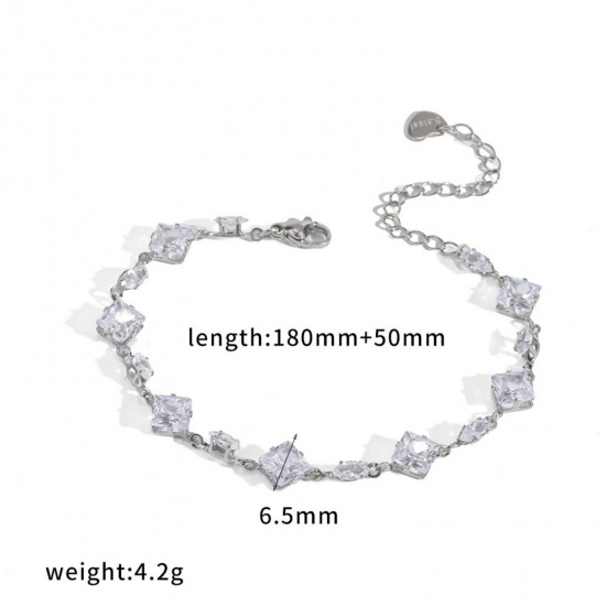 Picture of Wholesale Rhombus Clear Rhinestone 304 Stainless Steel Bracelets, Silver Tone Eco-friendly, Women's Exquisite Stylish Gift Jewelry Supply, 18cm(7.1") + 5cm(2") long, 1 Pair