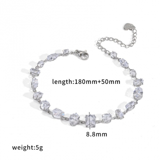 Picture of Wholesale Geometric Clear Rhinestone 304 Stainless Steel Bracelets, Silver Tone Eco-friendly, Women's Exquisite Stylish Gift Jewelry Supply, 18cm(7.1") + 5cm(2") long, 1 Pair