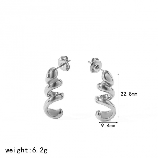 Imagen de Exquisito Elegante Pendientes de Poste de Oreja Al Por Mayor, Hélice Tono de Plata 304 Acero Inoxidable, Mujeres Respetuoso del Medio Ambiente Regalo Suministro de Joyería, 22.8mm x 9.4mm, 1 Par