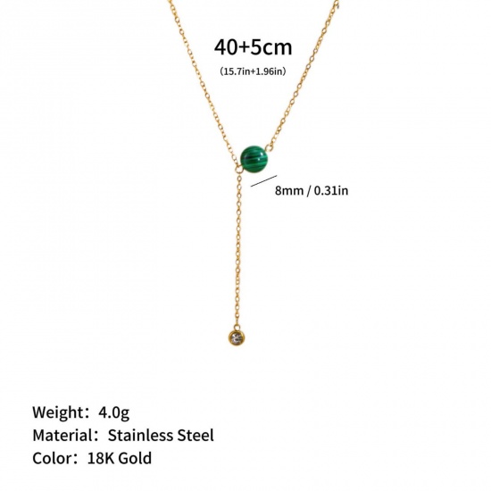 Picture of Wholesale Ball Dark Green Natural Stone Tassel Necklace, 18K Gold Plated 304 Stainless Steel Link Cable Chain, Women's Eco-friendly PVD Ins Style Stylish Gift Jewelry For Retailer, 40cm(15.7") + 5cm(2") long, 1 Piece