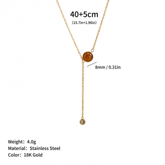 Picture of Wholesale Ball Brown Natural Stone Tassel Necklace, 18K Gold Plated 304 Stainless Steel Link Cable Chain, Women's Eco-friendly PVD Ins Style Stylish Gift Jewelry For Retailer, 40cm(15.7") + 5cm(2") long, 1 Piece