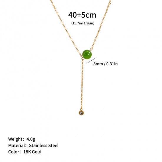 Picture of Wholesale Ball Green Natural Stone Tassel Necklace, 18K Gold Plated 304 Stainless Steel Link Cable Chain, Women's Eco-friendly PVD Ins Style Stylish Gift Jewelry For Retailer, 40cm(15.7") + 5cm(2") long, 1 Piece