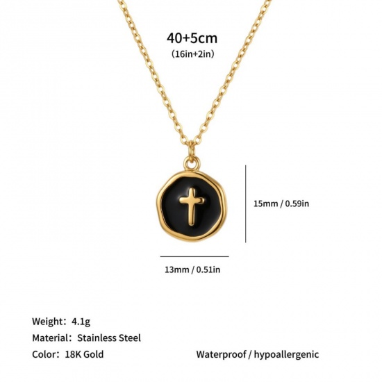 Imagen de Ronda Disco Cruz Negro Esmalte Collar con Colgante Al Por Mayor, Chapado en Oro de 18K 304 Acero Inoxidable Cadena de Cable Cruz, Mujeres PVD Ecológico Religión Elegante Regalo Joyería Para Minorista, 40cm + 5cm longitud, 1 Unidad