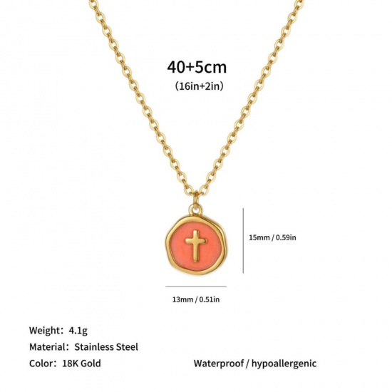 Imagen de Ronda Disco Cruz Naranja Esmalte Collar con Colgante Al Por Mayor, Chapado en Oro de 18K 304 Acero Inoxidable Cadena de Cable Cruz, Mujeres PVD Ecológico Religión Elegante Regalo Joyería Para Minorista, 40cm + 5cm longitud, 1 Unidad