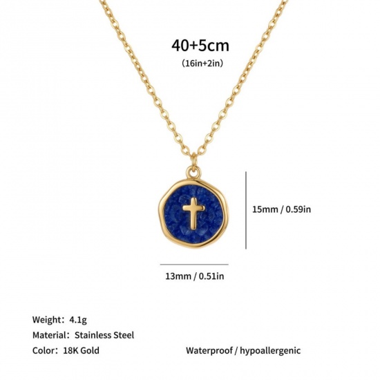 Imagen de Ronda Disco Cruz Azul Oscuro Esmalte Collar con Colgante Al Por Mayor, Chapado en Oro de 18K 304 Acero Inoxidable Cadena de Cable Cruz, Mujeres PVD Ecológico Religión Elegante Regalo Joyería Para Minorista, 40cm + 5cm longitud, 1 Unidad